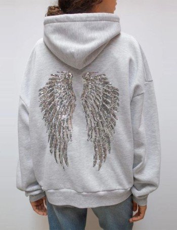 Women’s embroidered angel wings hoodie, Grey embroidered wings hoodie, Angel-inspired grey hoodie for women, Stylish women’s angel wings hoodie