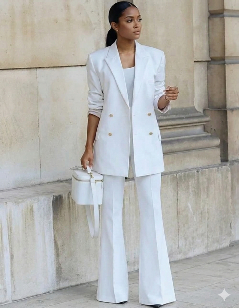 Women's workwear blazer for office ready looks in ponytail hairstyle.