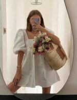 White puff sleeve cotton beach dress