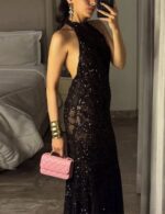 brown backless dress for women