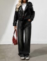 Classic black faux leather biker jacket women