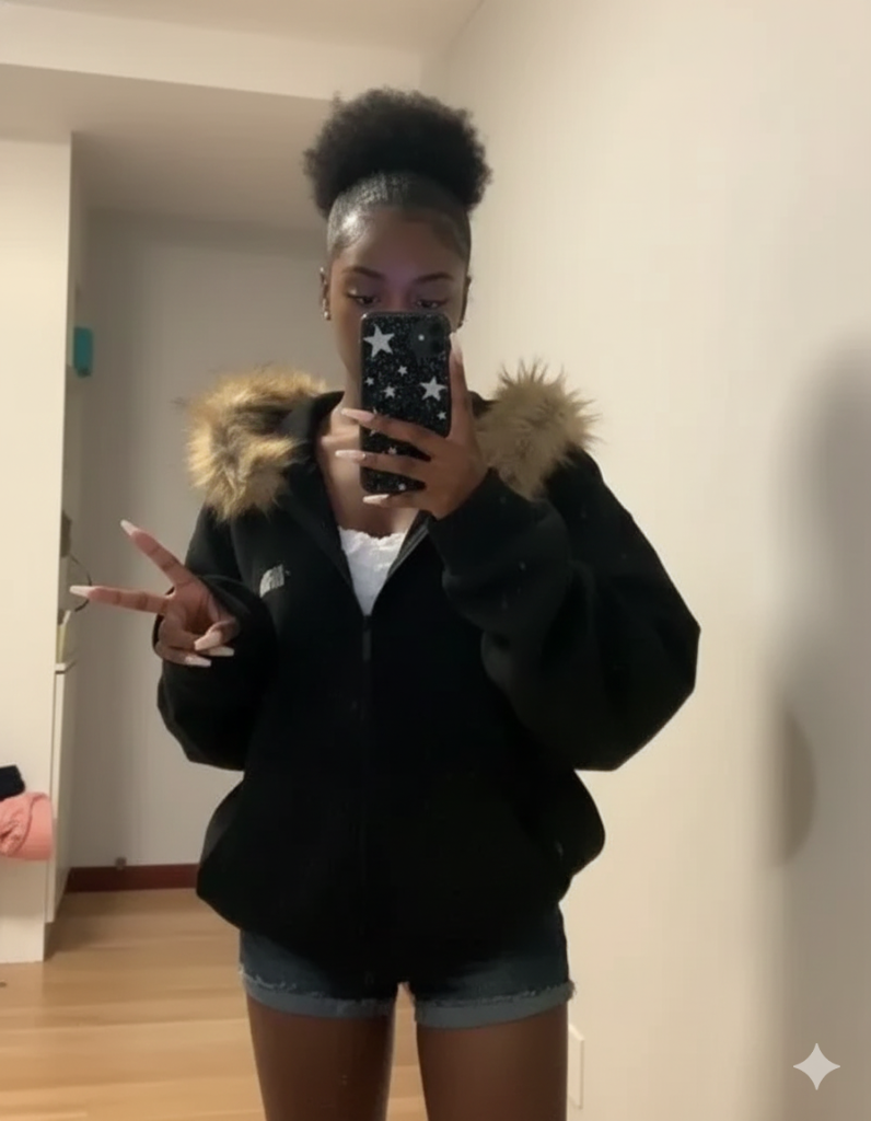 A women wearing Black Faux Fur Zip-Up Hoodie with high puff hairstyle.