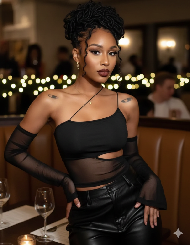 Loc updo hairstyle for date night with our women tops.