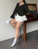 solid color puff sleeve v neck blouse