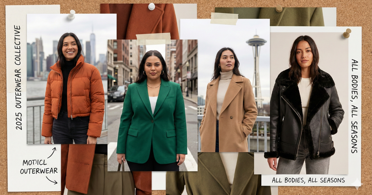 Diverse women wearing 2025 outerwear trends including puffers, blazers, cashmere coats, leather and faux fur jackets, showcasing inclusive styles.