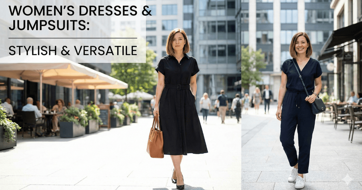 Women wearing versatile midi black dress and sleek jumpsuit in urban setting for office and casual style