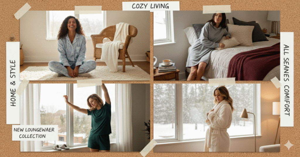 Diverse women in cozy women’s sleepwear & loungewear relaxing at home in cotton pajamas, hoodie dresses, and lounge shorts.