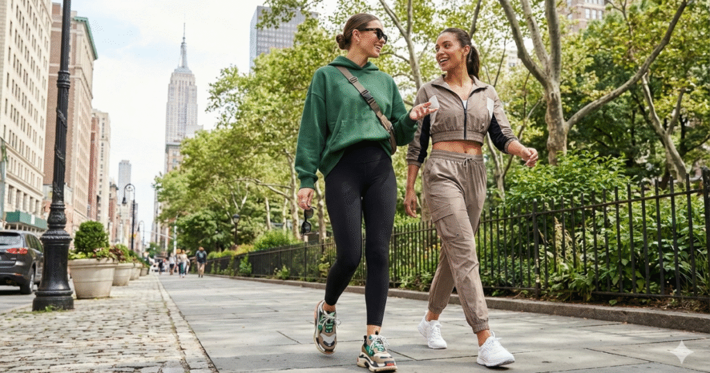 Woman wearing stylish Women’s Activewear & Sportswear walking in an urban city setting