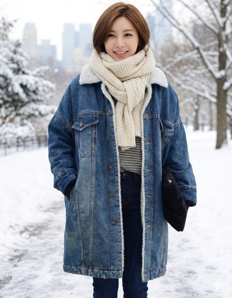 Complete your winter outfit with our women’s denim jacket styled with a scarf effortlessly.