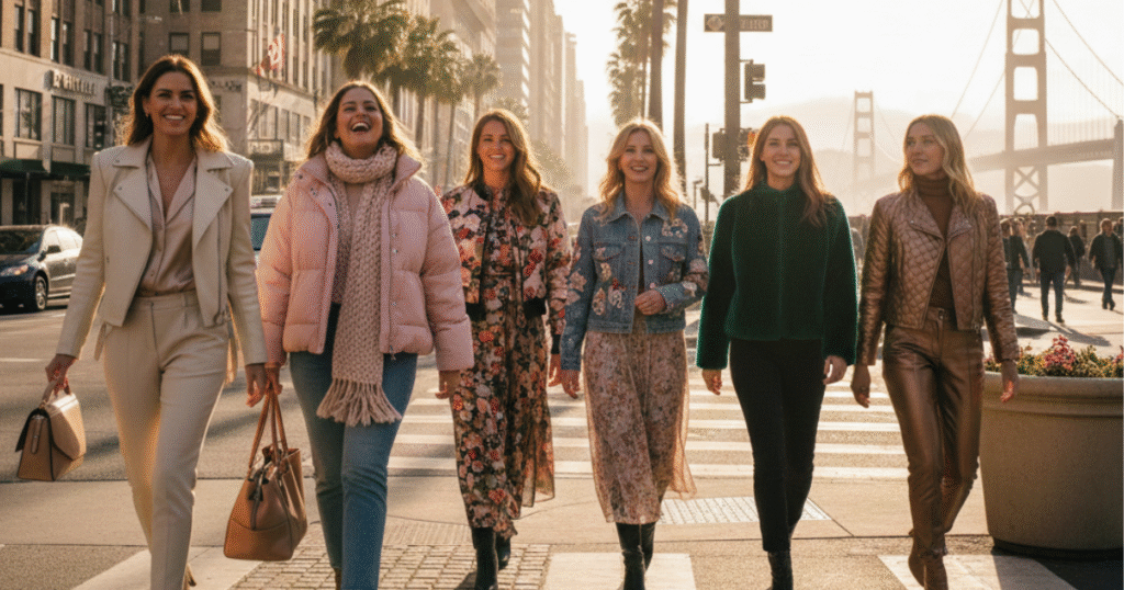Women wearing stylish women’s fashion jackets in different U.S. cities, showcasing seasonal looks and modern street style.