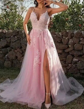 Women’s pink long party gown, spaghetti strap prom dress, women's lace party dress, v-neck lace dress