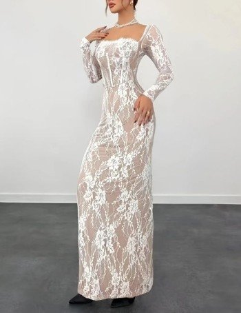 white lace long sleeve maxi dress, women's summer lace dress, sexy slim fit dress, long sleeve white dress