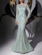 mint green mermaid birthday dress for women, long sleeve arabic dress, sequin party dress, mermaid birthday dress