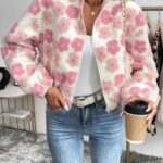 pink floral fleece zip up jacket for women, stand collar zip up jacket, white bomber jacket, floral print fleece jacket