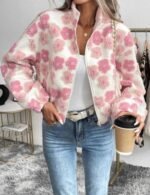 pink floral fleece zip up jacket for women, stand collar zip up jacket, white bomber jacket, floral print fleece jacket