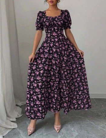 casual floral maxi dress, puff sleeve maxi dress, short sleeve maxi dress, square neck printed dress