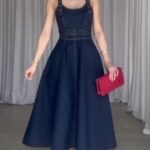 Strappy denim maxi dress, casual denim dress, sleeveless open back dress, belted waist denim dress