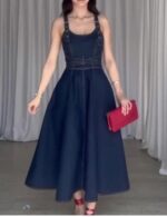 Strappy denim maxi dress, casual denim dress, sleeveless open back dress, belted waist denim dress