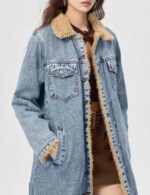 Single Breasted Fleece Long Denim Jacket for Women premium denim cozy fleece lining turn-down collar buttons long length full sleeves. Warm casual winter outerwear layering now at Clothing Stores US.