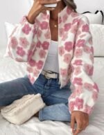 pink floral fleece jacket front view