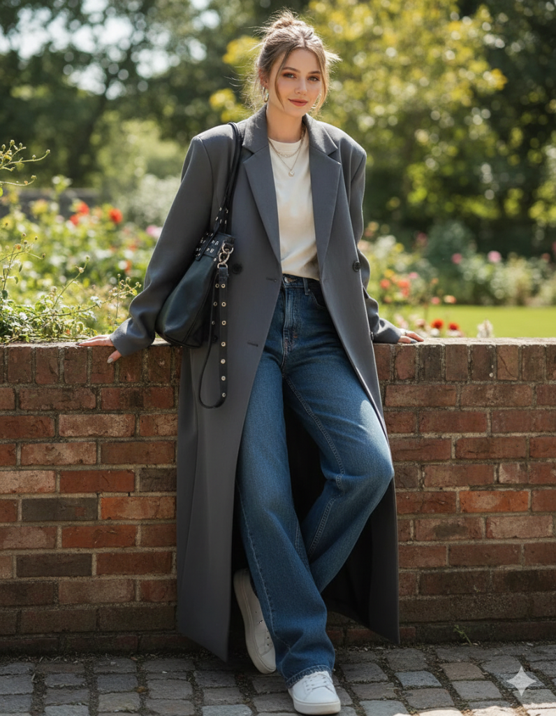 Stylish women’s double-breasted trench coat layered over a casual weekend outfit.
