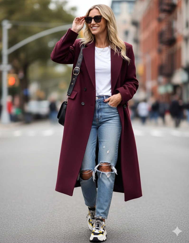 Try our burgundy wool overcoat styled with ripped jeans and statement sneakers.