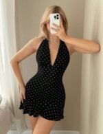 Polka Dot Plunging Neckline Party Dress For Women - Image 6