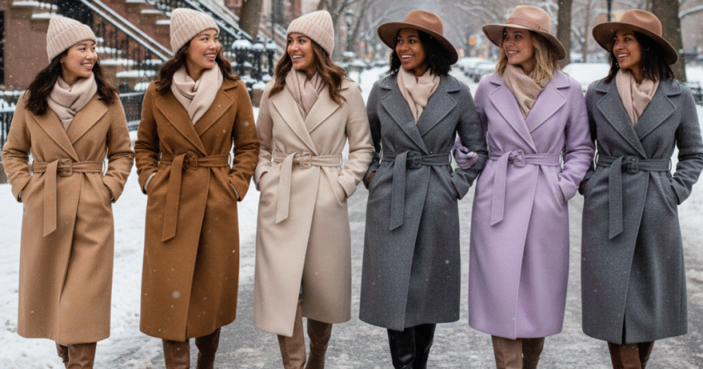 Women wearing longline and belted wool overcoats in neutral and pastel colors walking in a U.S. city winter scene.