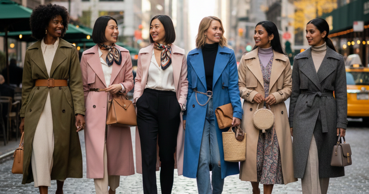 Group of diverse women wearing stylish 2026 women’s trench coats walking confidently in a city street.