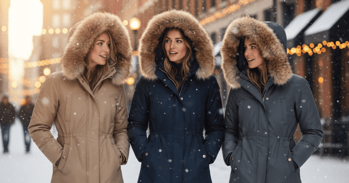 Stylish women wearing women’s winter parka with fur hood, walking in a snowy city street during winter.