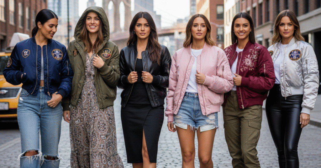 Group of diverse women wearing stylish women’s bomber jackets in an urban USA city setting