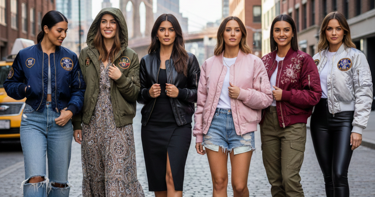 Group of diverse women wearing stylish women’s bomber jackets in an urban USA city setting