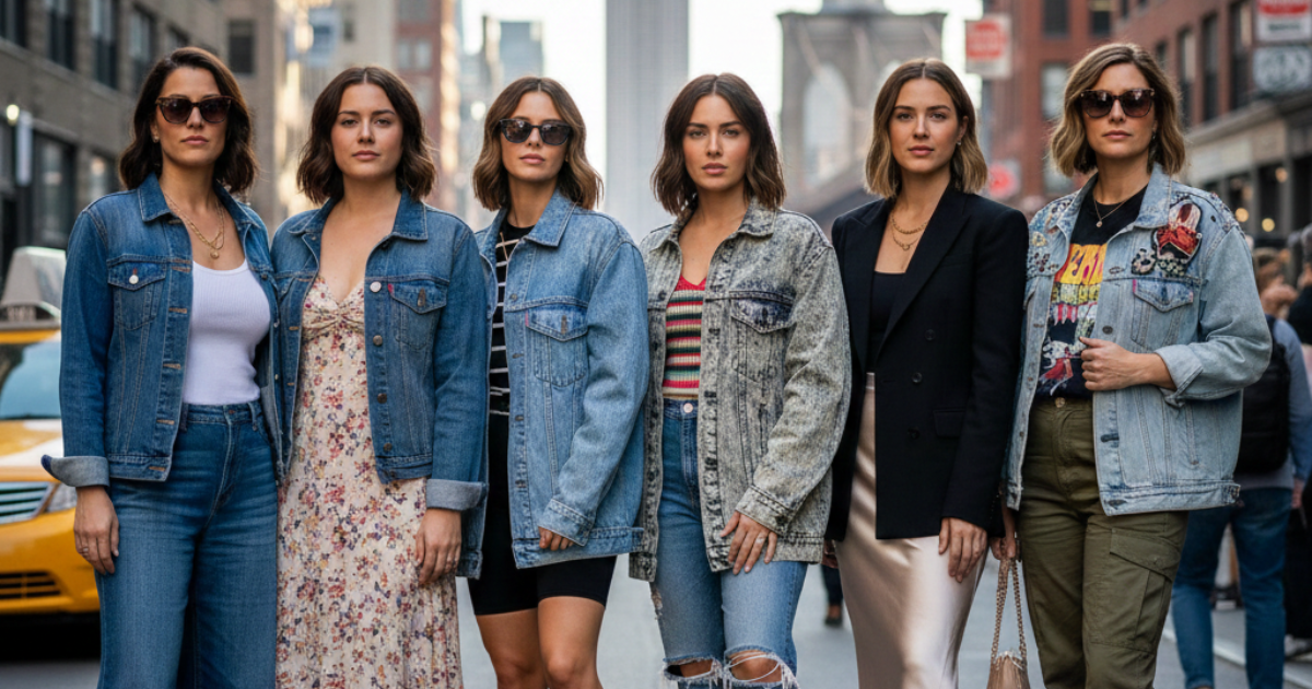 Group of women wearing stylish women’s denim jackets in classic, cropped, and oversized styles on a US city street