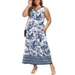 Women wearing blue and white floral print summer maxi dress