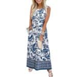 Blue floral sleeveless long dress with elastic waist and pockets