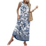 Casual summer maxi dress blue floral print ankle length women