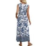 Boho blue white floral maxi dress sleeveless with side pockets