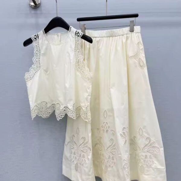 Women's White Embroidered Sleeveless Top and Wide Leg Pants Two Piece Summer Outfit