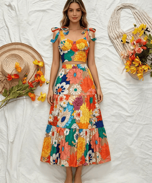 Floral co-ord set video showing crop top and tiered maxi skirt on model
