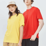 Woman wearing soft cotton t-shirt with loose fit and O-neck design