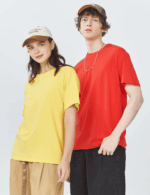 Woman wearing soft cotton t-shirt with loose fit and O-neck design