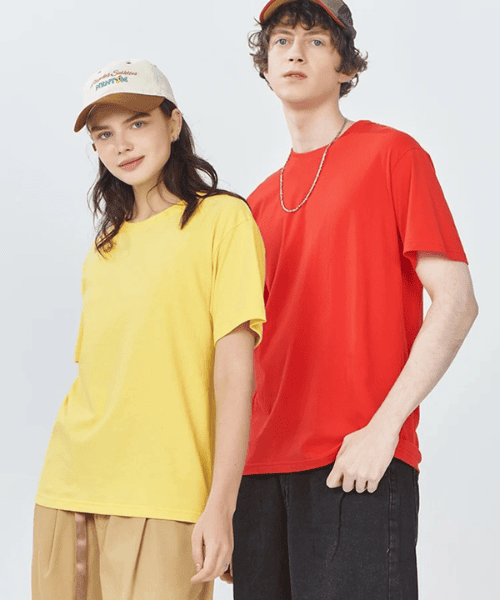 Woman wearing soft cotton t-shirt with loose fit and O-neck design