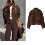 Women's brown faux suede trucker jacket with snap button front