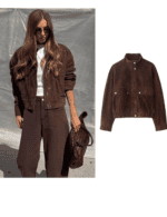 Women's brown faux suede trucker jacket with snap button front