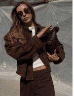 Brown faux suede trucker jacket flat lay, front view