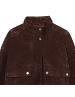 Close-up of collar and front pockets on brown suede jacket
