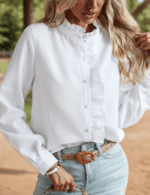 White breathable office blouse for women, long sleeve button-up style