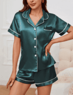 Women's satin pajama set in mint green, lightweight spring sleepwear
