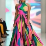 Printed Halter Neck Formal Evening Dress with High Slit — Multicolor Maxi Gown