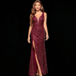 Deep V-Neck Sequin Party Dress with Slit — Burgundy Fishtail Gown